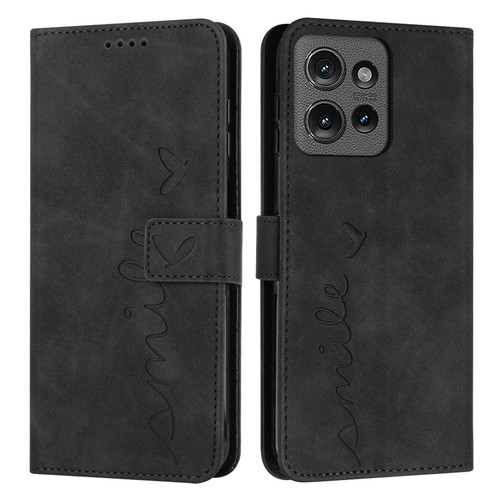 Moto G 2025 Skin Feel Heart Embossed Leather Phone Case with Long Lanyard - Black